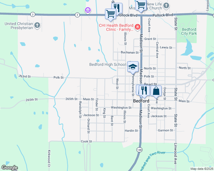 map of restaurants, bars, coffee shops, grocery stores, and more near 683-899 King St in Bedford
