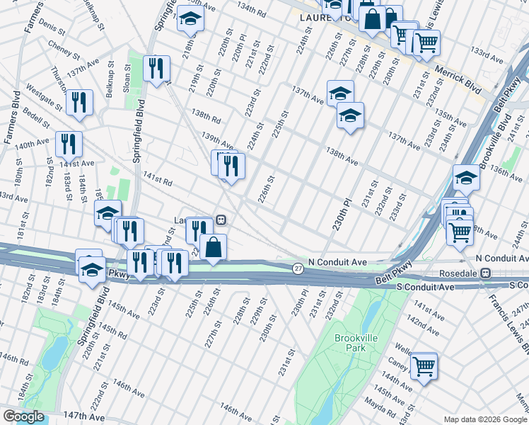 map of restaurants, bars, coffee shops, grocery stores, and more near 226-12 141st Avenue in Queens