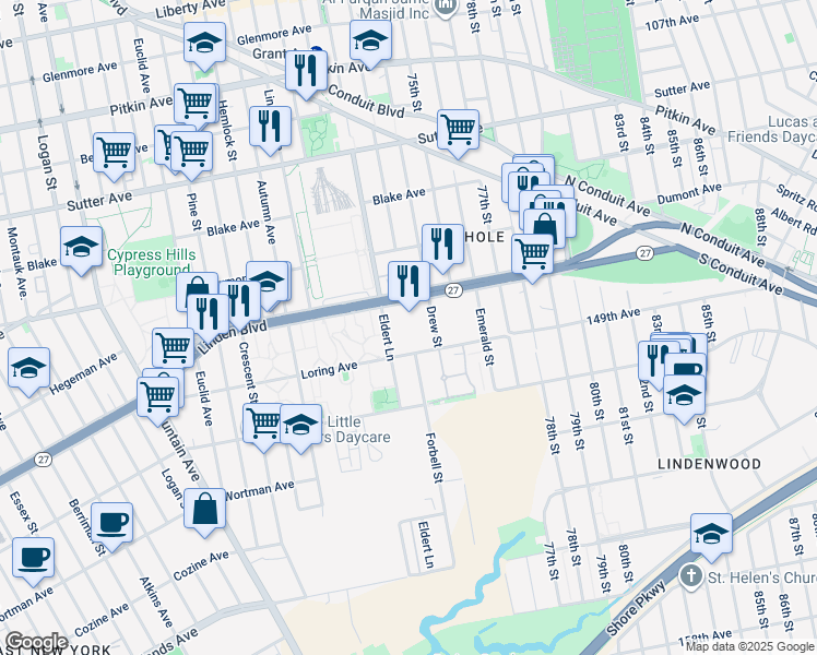 map of restaurants, bars, coffee shops, grocery stores, and more near 2770 Linden Boulevard in Brooklyn