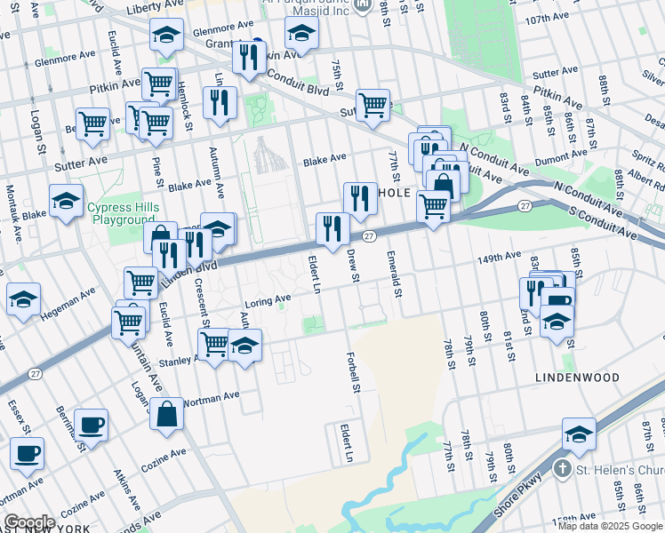map of restaurants, bars, coffee shops, grocery stores, and more near 2770 Linden Boulevard in Brooklyn