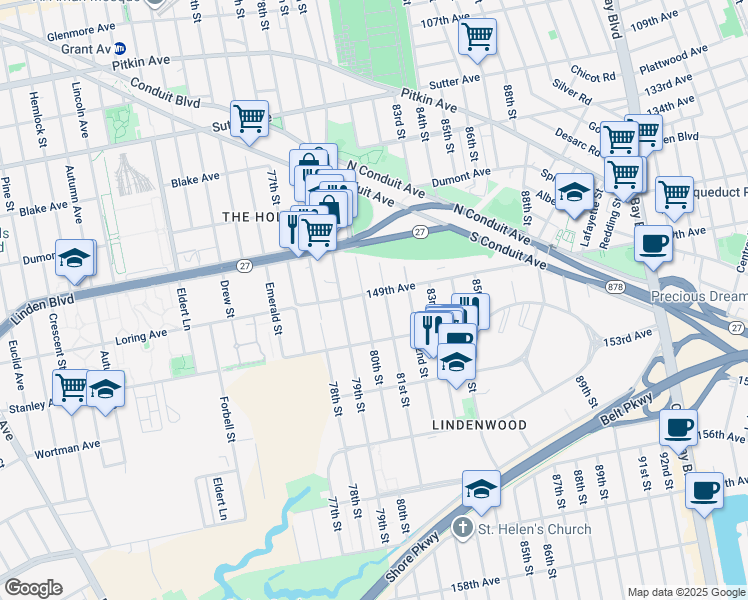 map of restaurants, bars, coffee shops, grocery stores, and more near 80-10 149th Avenue in Queens