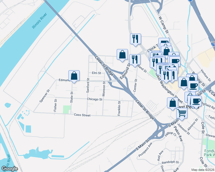 map of restaurants, bars, coffee shops, grocery stores, and more near 443 Monson Street in Peoria