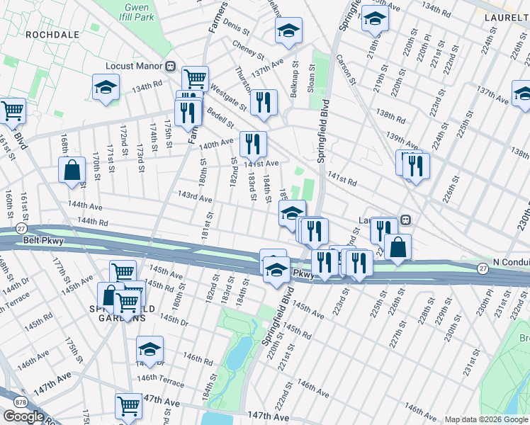 map of restaurants, bars, coffee shops, grocery stores, and more near 183-26 143rd Avenue in Queens