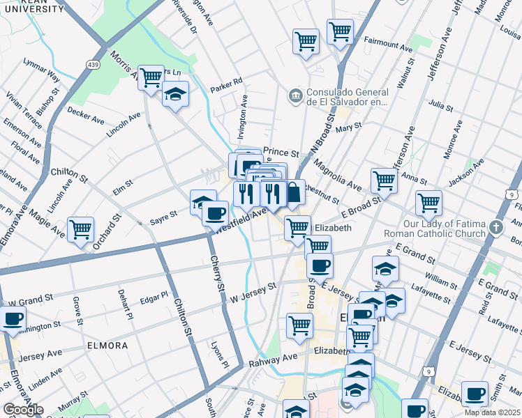 map of restaurants, bars, coffee shops, grocery stores, and more near 39 Westfield Avenue in Elizabeth