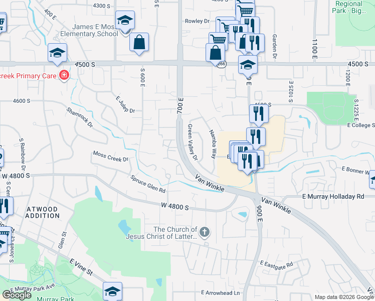 map of restaurants, bars, coffee shops, grocery stores, and more near 4736 South 700 East in Murray