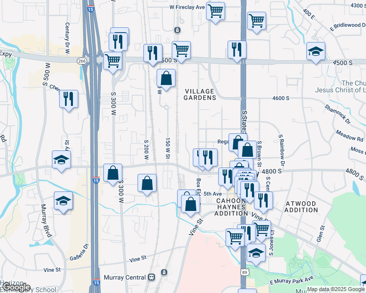 map of restaurants, bars, coffee shops, grocery stores, and more near 118 4800 South in Murray