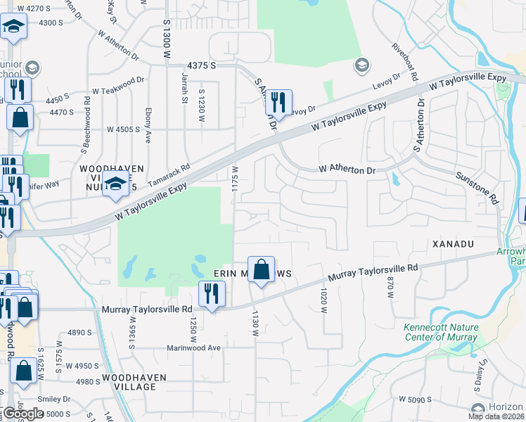 map of restaurants, bars, coffee shops, grocery stores, and more near 1118 Autumn Leaf Lane in Taylorsville