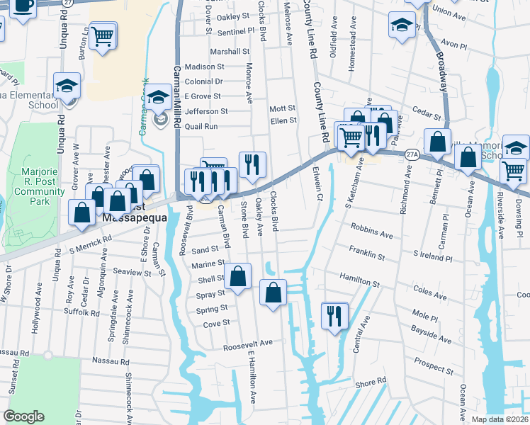 map of restaurants, bars, coffee shops, grocery stores, and more near 550 Clocks Boulevard in Massapequa