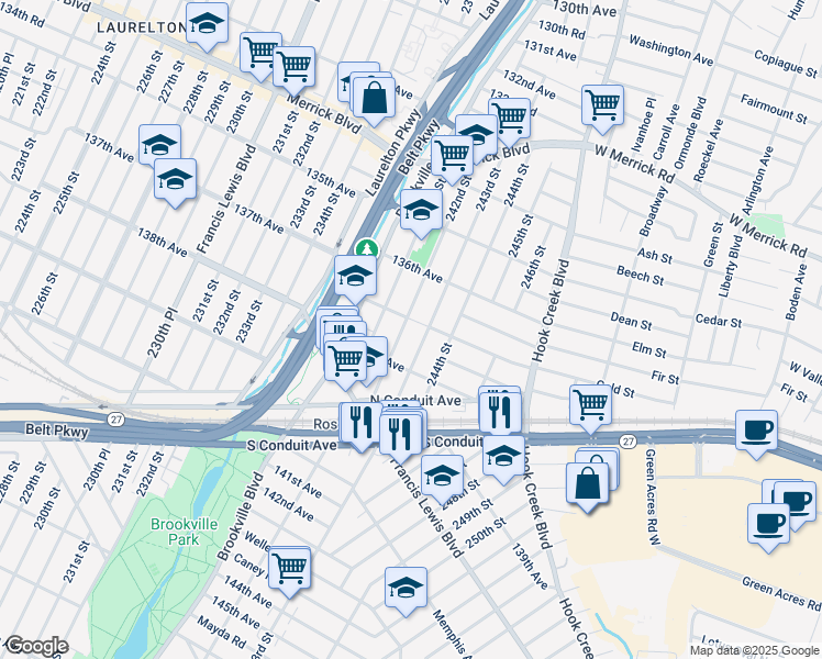 map of restaurants, bars, coffee shops, grocery stores, and more near 137-25 243rd Street in Queens