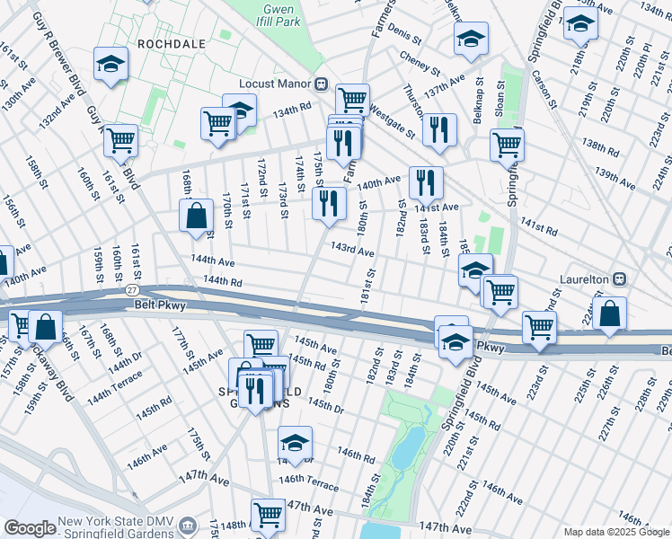 map of restaurants, bars, coffee shops, grocery stores, and more near 179-25 144th Road in Queens