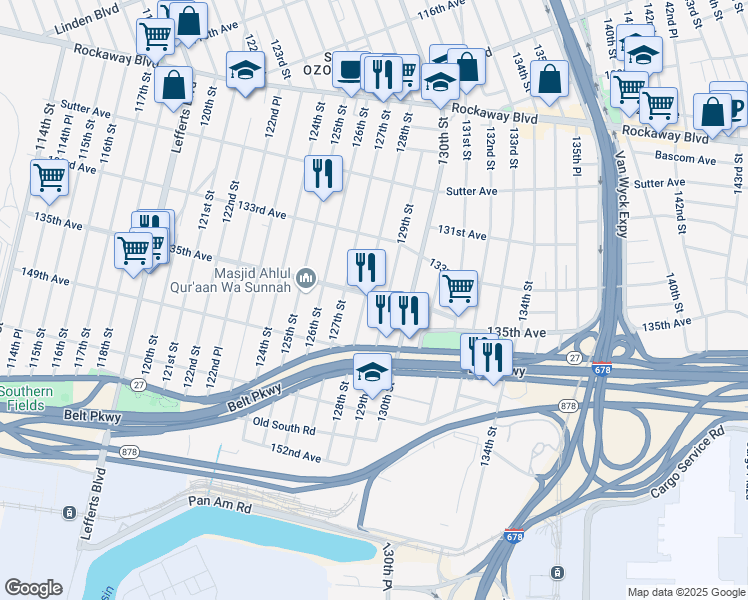 map of restaurants, bars, coffee shops, grocery stores, and more near 135-27 128th Street in Queens