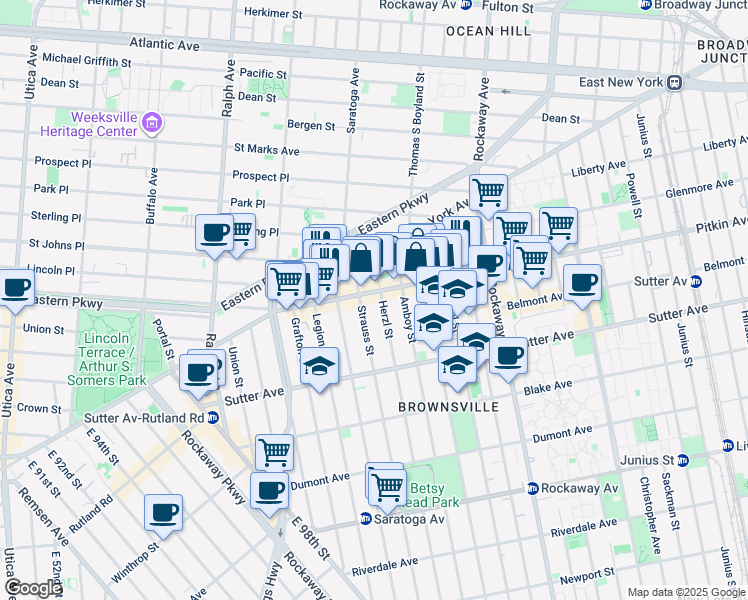 map of restaurants, bars, coffee shops, grocery stores, and more near 86 Herzl Street in Brooklyn