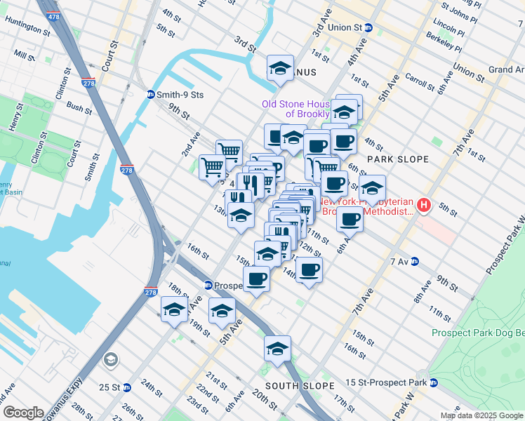 map of restaurants, bars, coffee shops, grocery stores, and more near 246 12th Street in Brooklyn