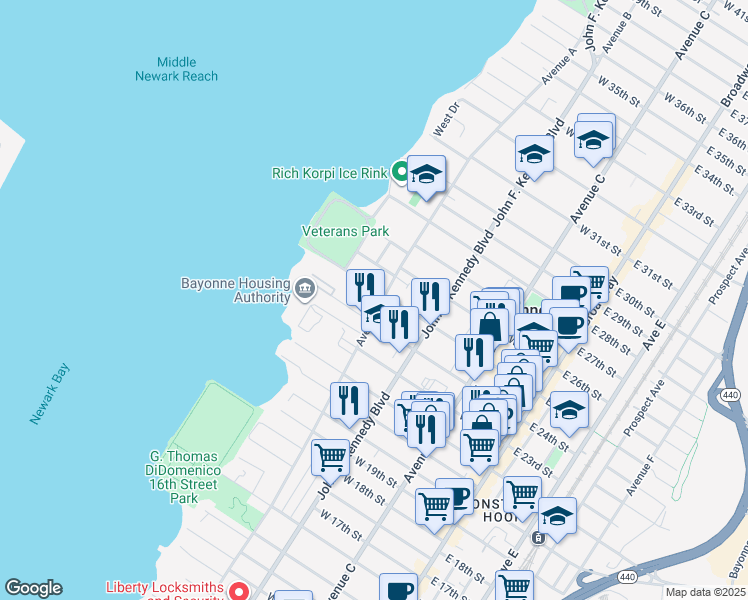 map of restaurants, bars, coffee shops, grocery stores, and more near 149 West 24th Street in Bayonne