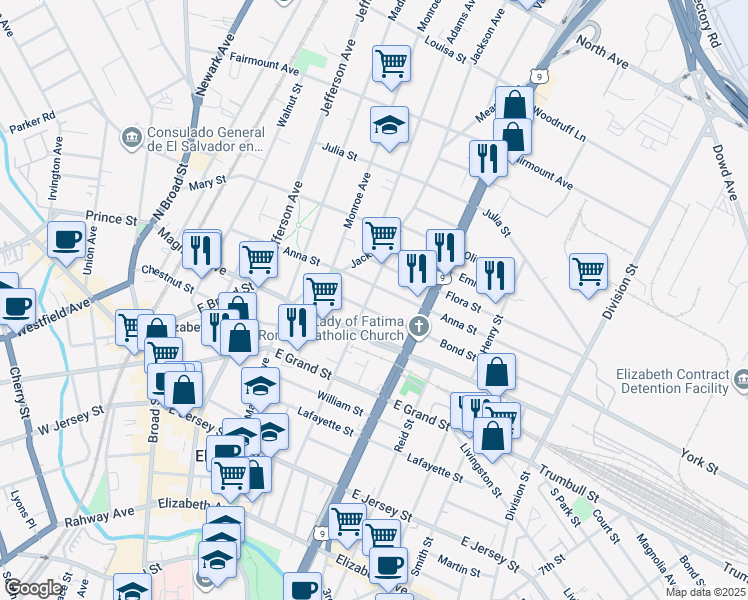 map of restaurants, bars, coffee shops, grocery stores, and more near 1026 Bond Street in Elizabeth