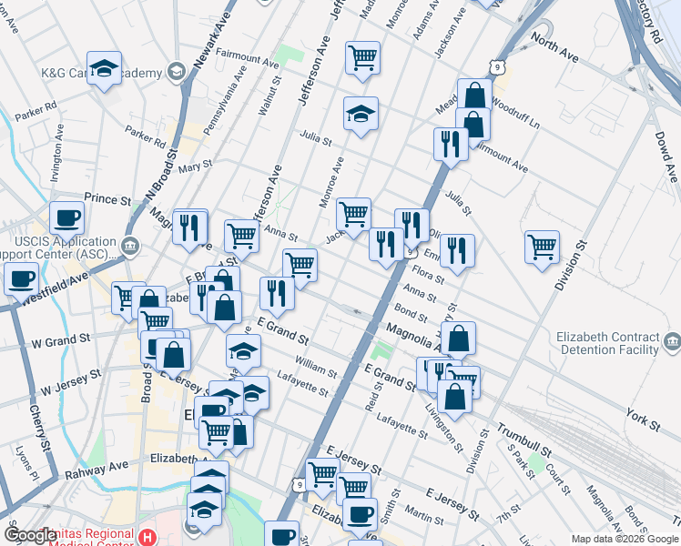 map of restaurants, bars, coffee shops, grocery stores, and more near 1026 Bond Street in Elizabeth