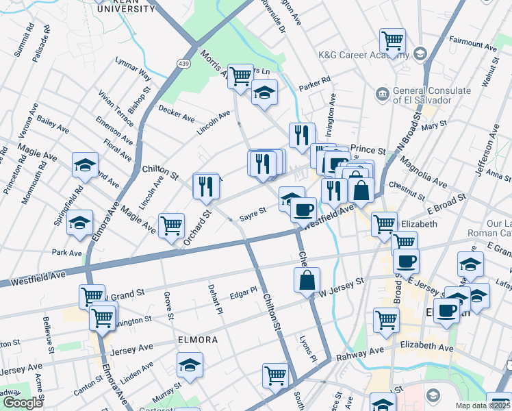 map of restaurants, bars, coffee shops, grocery stores, and more near 128 Sayre Street in Elizabeth