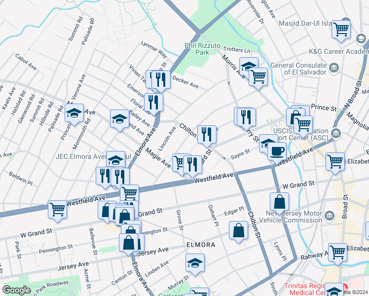 map of restaurants, bars, coffee shops, grocery stores, and more near 11 Gibson Place in Elizabeth