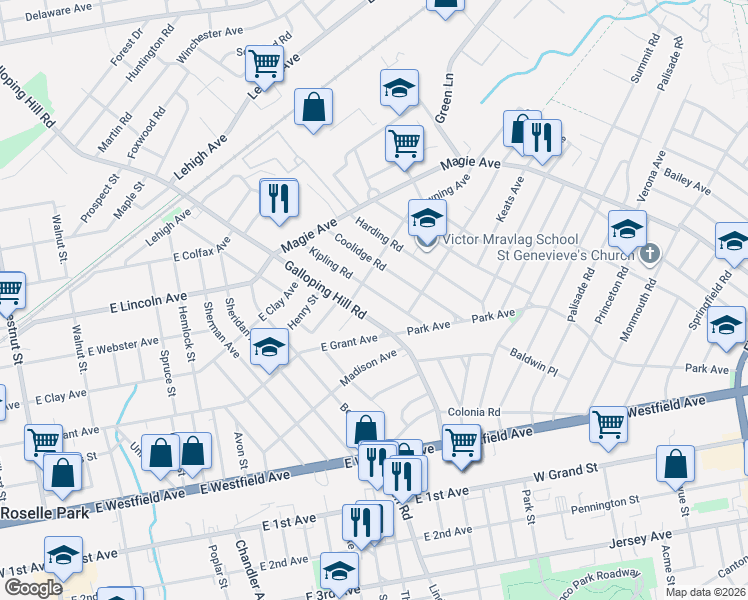 map of restaurants, bars, coffee shops, grocery stores, and more near 316 Galloping Hill Road in Roselle Park