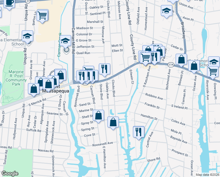 map of restaurants, bars, coffee shops, grocery stores, and more near 550 Clocks Boulevard in Massapequa
