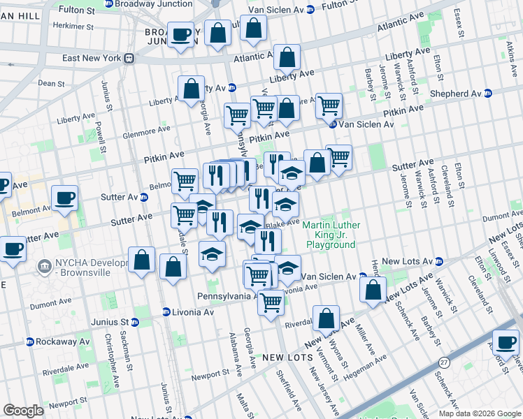 map of restaurants, bars, coffee shops, grocery stores, and more near 381 Pennsylvania Avenue in Brooklyn
