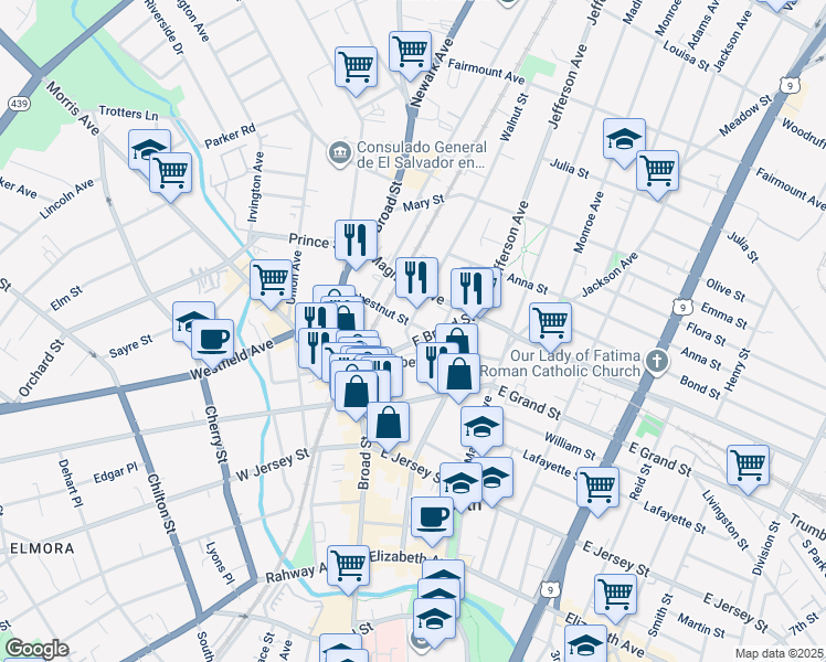 map of restaurants, bars, coffee shops, grocery stores, and more near 1176-1184 East Broad Street in Elizabeth