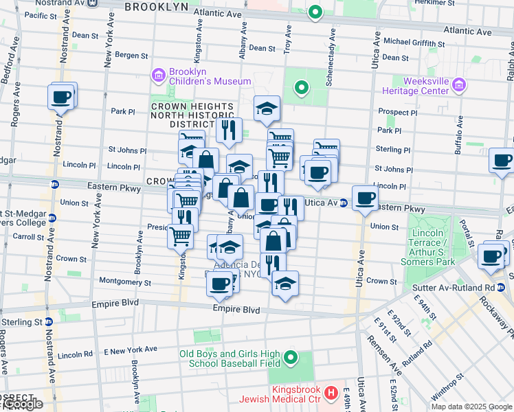 map of restaurants, bars, coffee shops, grocery stores, and more near 922 Eastern Parkway in Brooklyn
