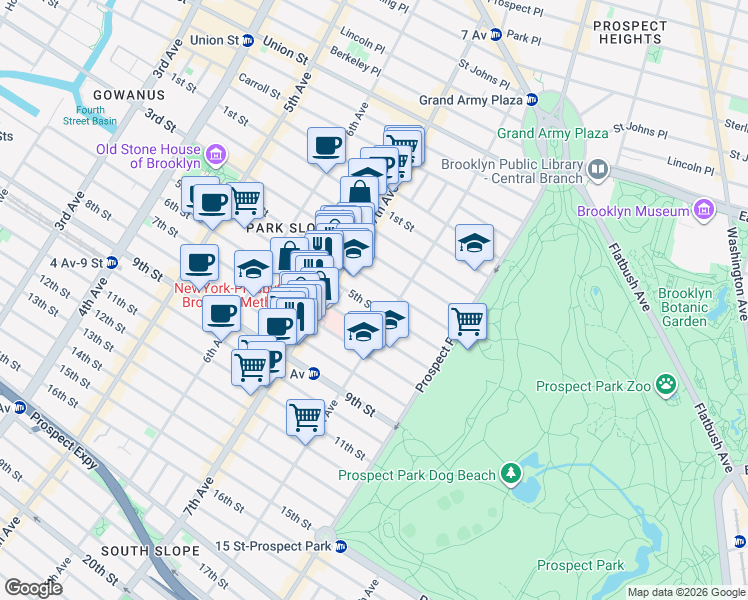 map of restaurants, bars, coffee shops, grocery stores, and more near 521 6th Street in Brooklyn
