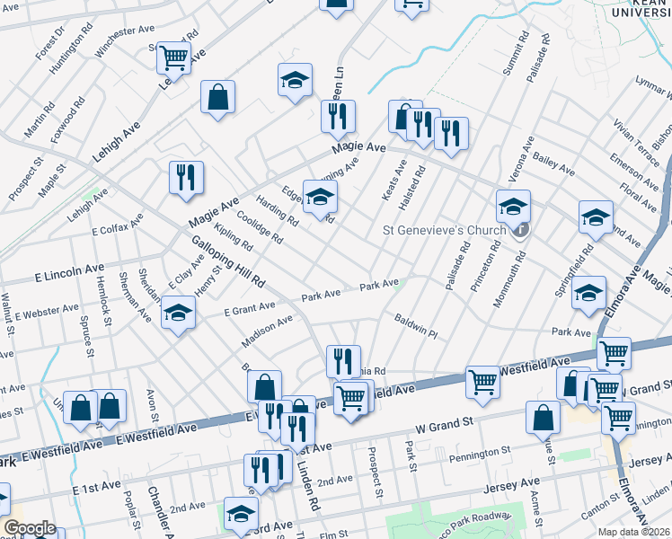 map of restaurants, bars, coffee shops, grocery stores, and more near 954-960 Coolidge Road in Elizabeth