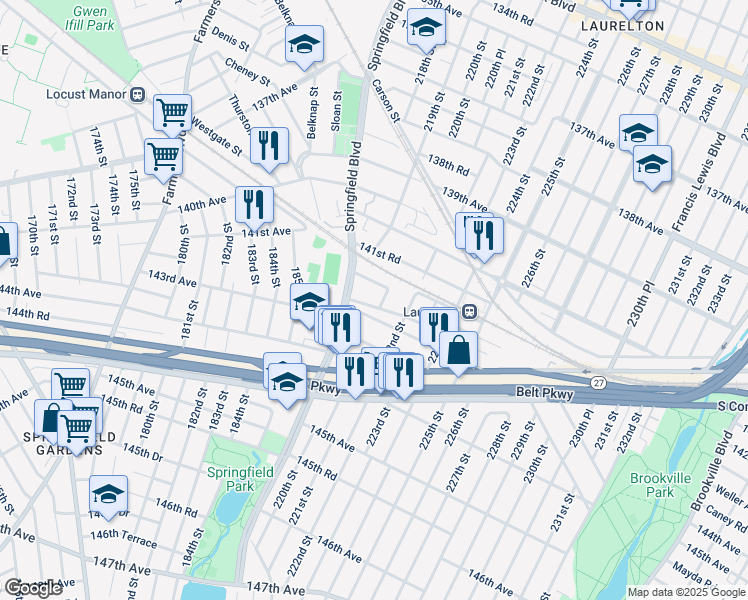 map of restaurants, bars, coffee shops, grocery stores, and more near 219-47 143rd Avenue in Queens