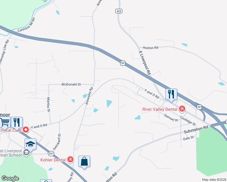 map of restaurants, bars, coffee shops, grocery stores, and more near 16069 Dome Street in East Liverpool