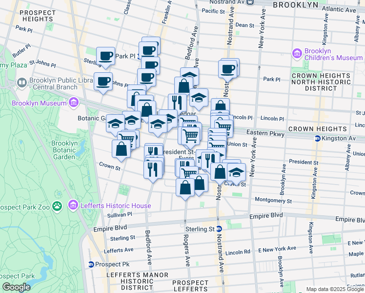 map of restaurants, bars, coffee shops, grocery stores, and more near 1101 President Street in Brooklyn