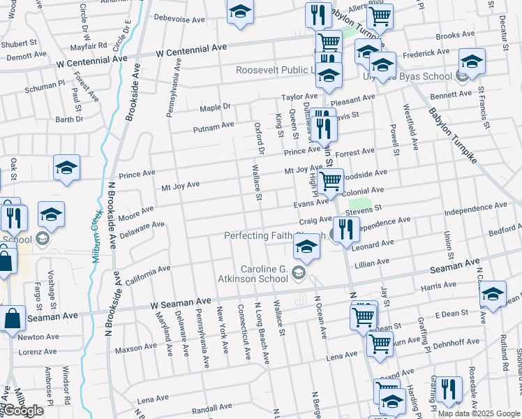map of restaurants, bars, coffee shops, grocery stores, and more near 345 Wallace Street in Freeport