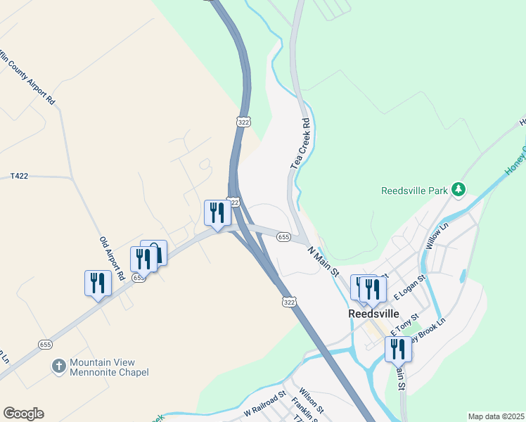 map of restaurants, bars, coffee shops, grocery stores, and more near Highway 655 in Reedsville