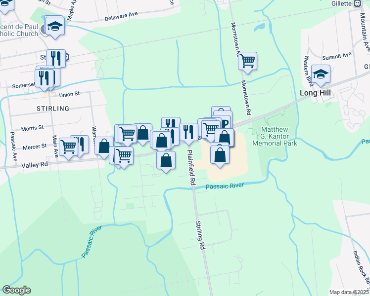 map of restaurants, bars, coffee shops, grocery stores, and more near 1057 Valley Road in Long Hill