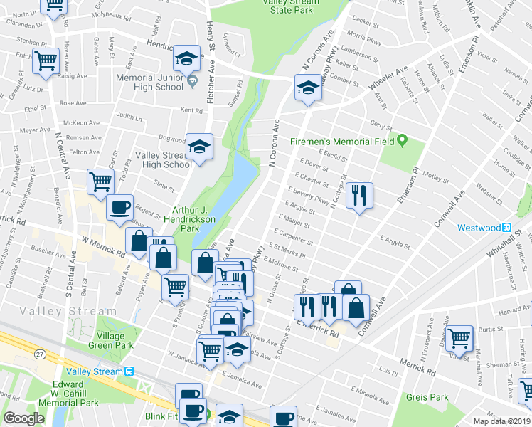 map of restaurants, bars, coffee shops, grocery stores, and more near 95 Rockaway Parkway in Valley Stream
