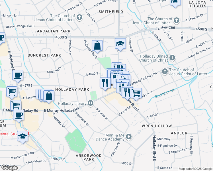 map of restaurants, bars, coffee shops, grocery stores, and more near 2237 East Murray Holladay Road in Holladay