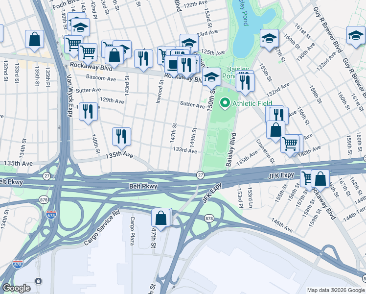 map of restaurants, bars, coffee shops, grocery stores, and more near 133-17 148th Street in Queens