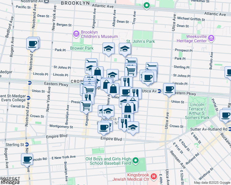 map of restaurants, bars, coffee shops, grocery stores, and more near 900 Eastern Parkway in Brooklyn