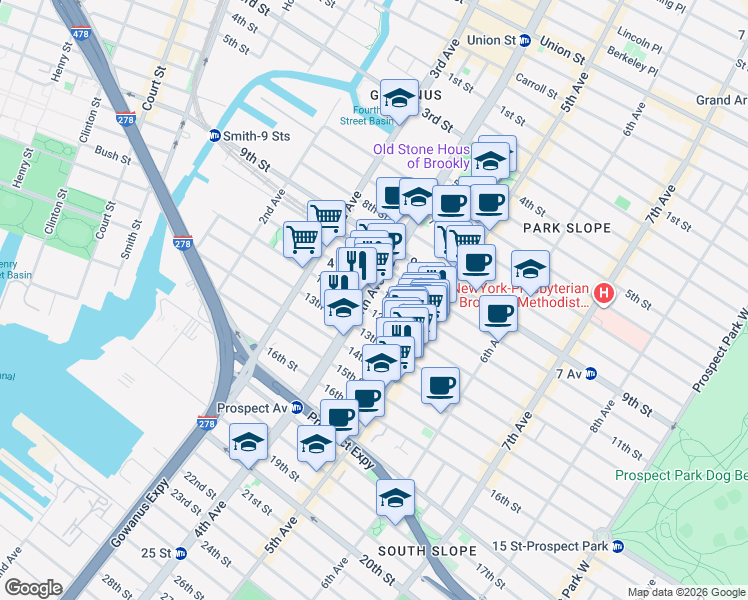 map of restaurants, bars, coffee shops, grocery stores, and more near 246 12th Street in Brooklyn