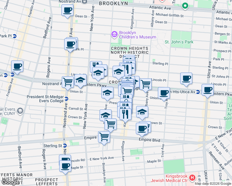 map of restaurants, bars, coffee shops, grocery stores, and more near 1363 President Street in Brooklyn