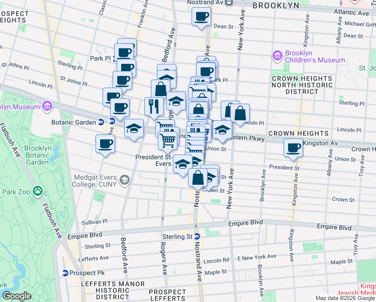 map of restaurants, bars, coffee shops, grocery stores, and more near 516 Eastern Parkway in Brooklyn