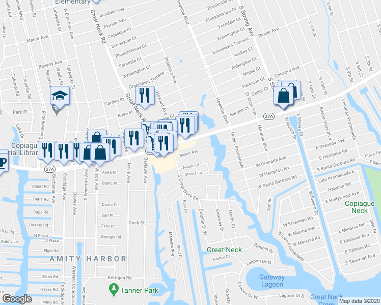 map of restaurants, bars, coffee shops, grocery stores, and more near 16 Beach Avenue in Copiague