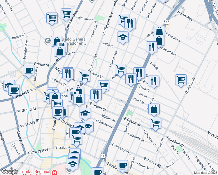 map of restaurants, bars, coffee shops, grocery stores, and more near 1072 Anna Street in Elizabeth