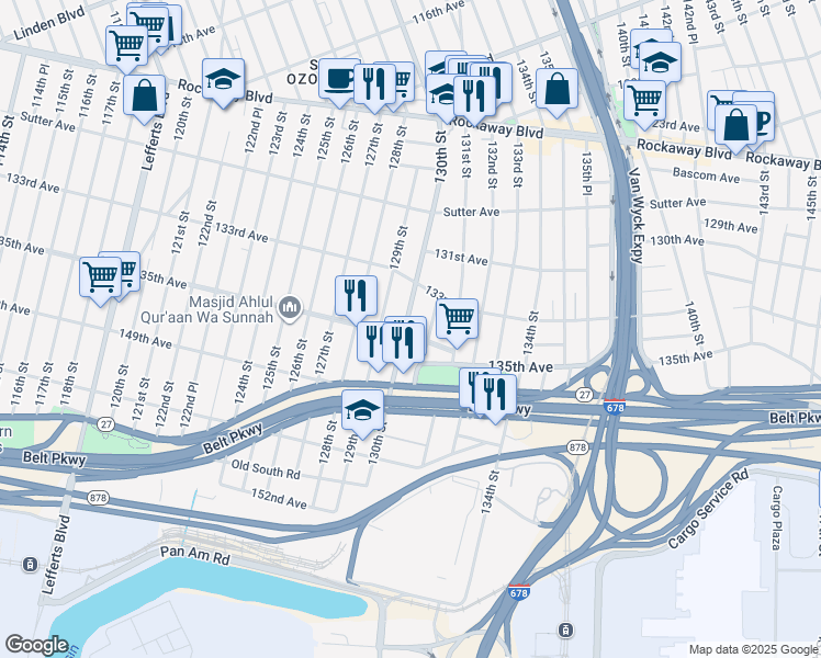 map of restaurants, bars, coffee shops, grocery stores, and more near 133-10 130th Place in Queens
