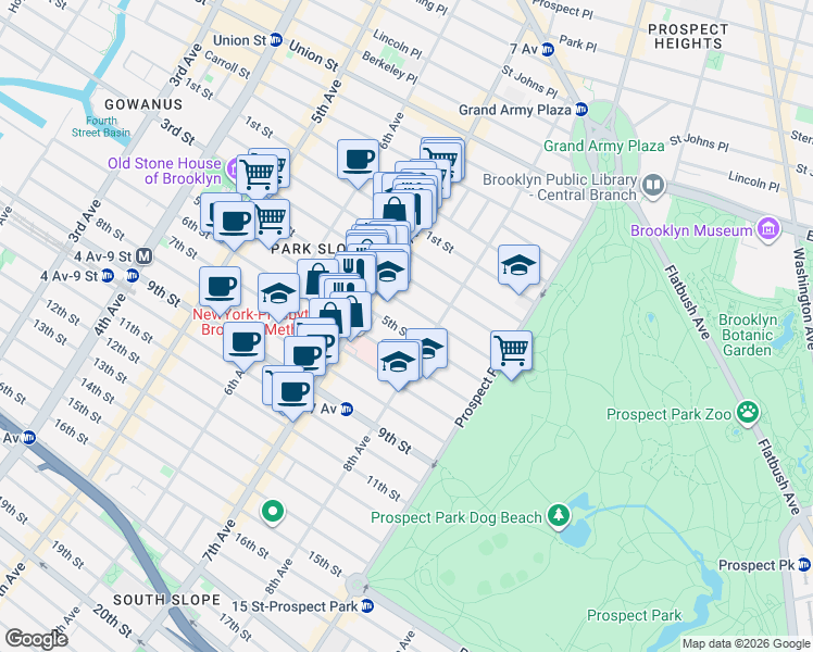 map of restaurants, bars, coffee shops, grocery stores, and more near 519 5th Street in Brooklyn