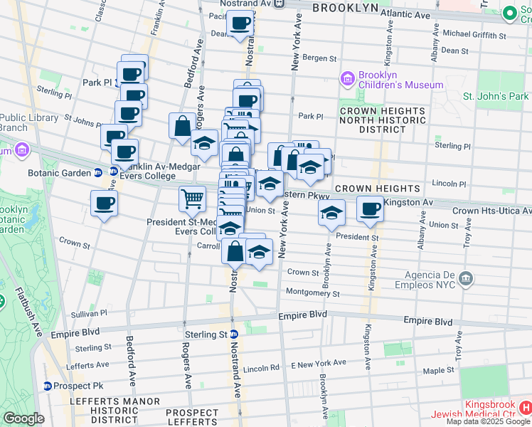 map of restaurants, bars, coffee shops, grocery stores, and more near 602 Eastern Parkway in Brooklyn