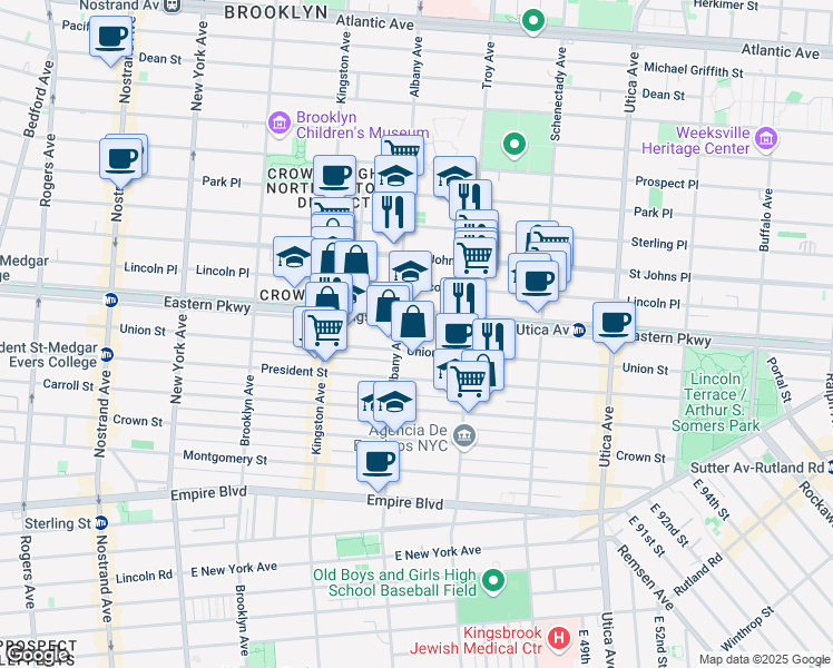 map of restaurants, bars, coffee shops, grocery stores, and more near 917 Eastern Parkway in Brooklyn