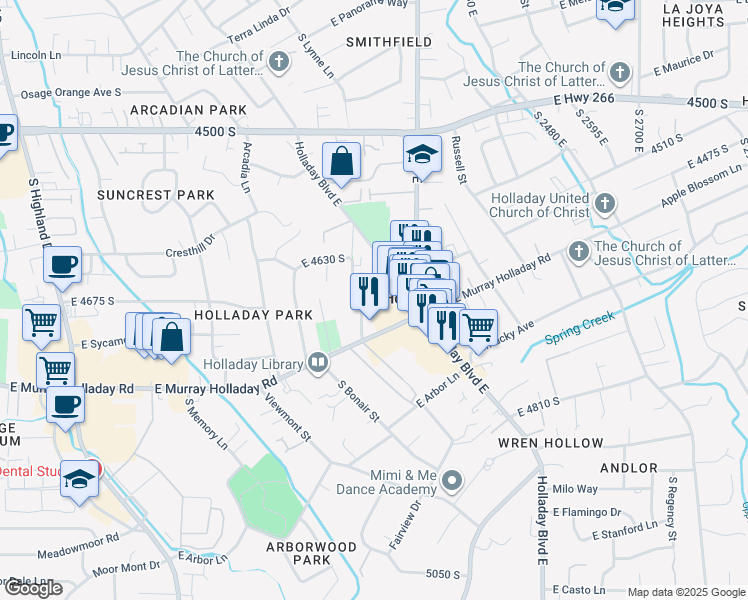 map of restaurants, bars, coffee shops, grocery stores, and more near 2240 East Laney Avenue in Holladay