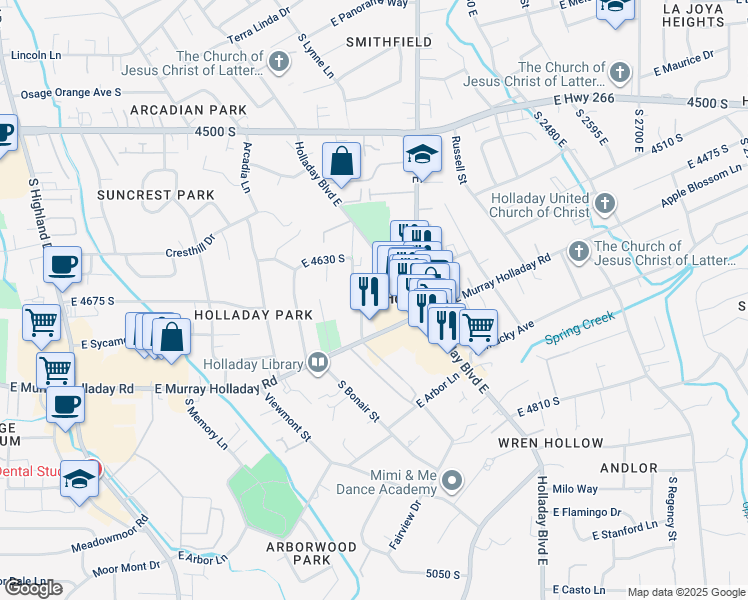 map of restaurants, bars, coffee shops, grocery stores, and more near 2240 East Laney Avenue in Holladay